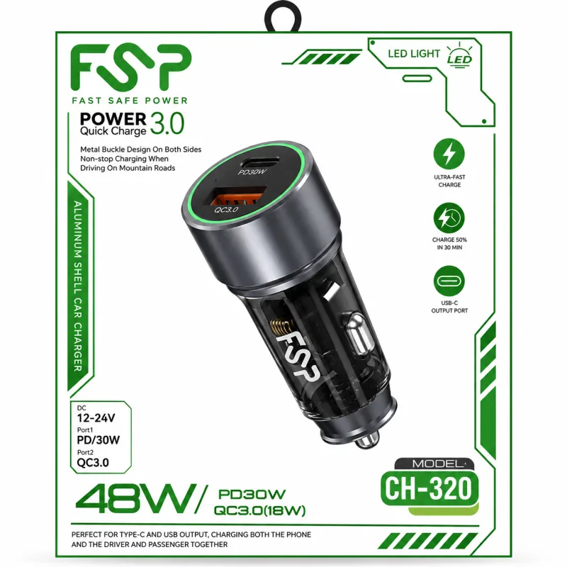 شارژر فندکی FSP CH-320 (2) شارژر فندکی FSP CH-320 | شارژر خودرو PD 30W + QC3.0 18W