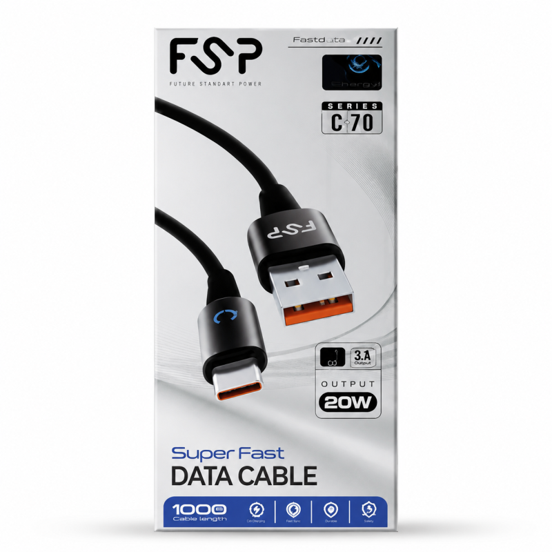 FSP C-70 Braided LED Charging Cable 1m 20W کابل FSP C-70 کنفی ۱ متری چراغدار 20W