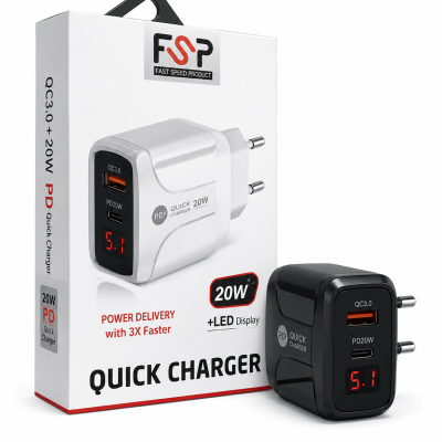 آداپتور شارژر FSP مدل PD001 | شارژ سریع 20 وات با دو خروجی USB و Type-C